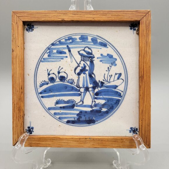 Antique Delft Tiles in Wood Frames 1800's Set of 2 - Picture 4 of 9